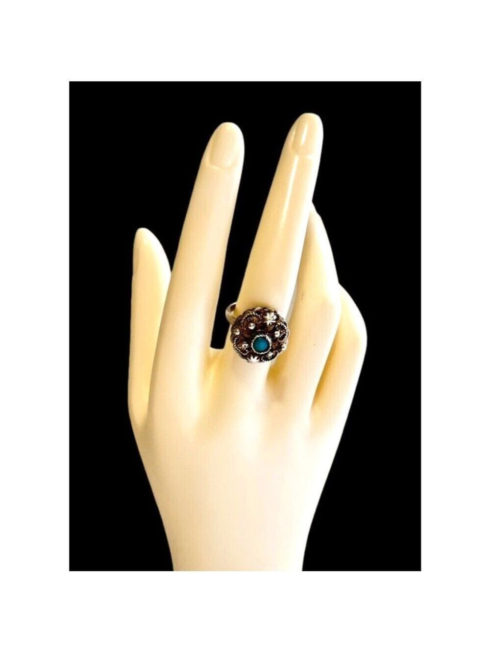Antique Mexican Sterling Silver Filigree Flower Ring Turquoise Stone Sz 7.75 - Picture 3 of 10
